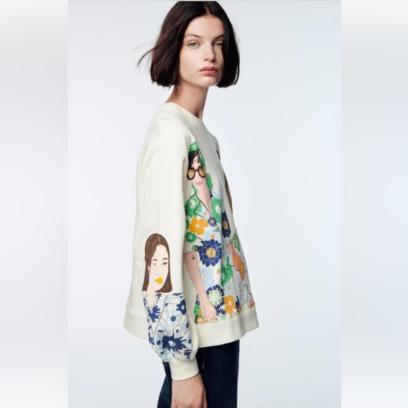ZARA Blogger Fave Ecru Multi Girls Print Sweatshirt $59.90 EUC S Rare HTF - Picture 4 of 16
